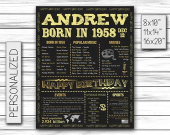 1958, Personalized Birthday Chalkboard Poster, Born in 1958, Birthday Gift, Birthday Poster, Birthday Sign, Custom Printable DIGITAL FILE