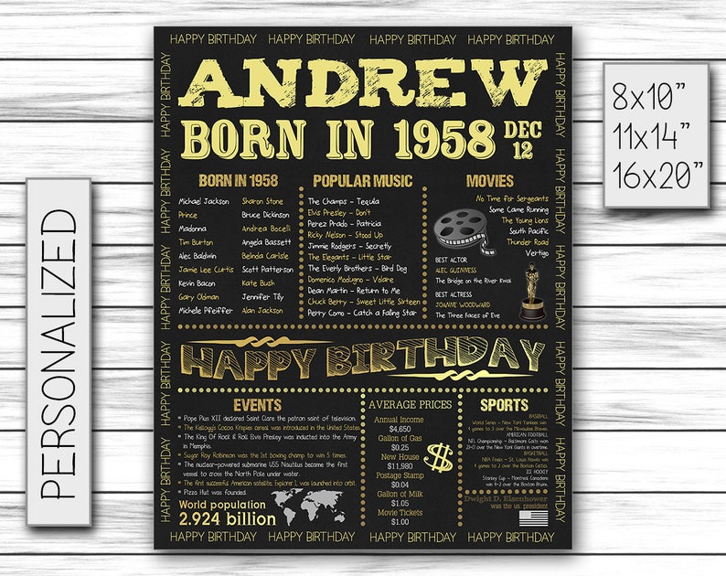 1958, Personalized Birthday Chalkboard Poster, Born in 1958, Birthday Gift, Birthday Poster, Birthday Sign, Custom Printable DIGITAL FILE Bild 1