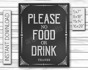 Please No Food Or Drink Sign, Printable Sign, Party Decor, No Food Sign, Chalkboard Sign, Rules Home Sign, Instant Printable DIGITAL FILE
