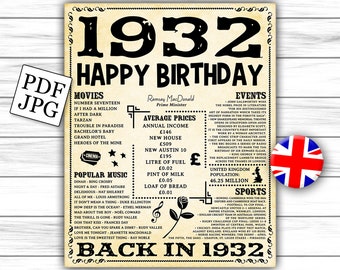 UK version, 1932 newspaper, 90 birthday, what happened 1932, 1932 fun facts, facts from 1932, birthday newspaper, birthday sign DIGITAL FILE
