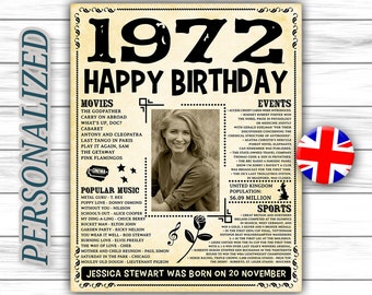 Personalized Birthday Poster, UK version, 1972 Facts, Custom Birthday, Birthday Poster Sign, 1972 Birthday Decor, Digital JPG or PDF
