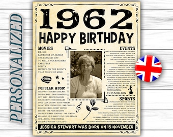 UK Version, Personalized Birthday Poster, 1962 Facts, Birthday, Custom Birthday, Birthday Poster Sign, 1962 Birthday Decor, DIGITAL