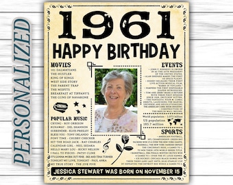 Personalized Birthday Poster, 1961 Facts, Birthday, Custom Birthday, Birthday Poster Sign, 1961 Birthday Decor, Digital JPG or PDF