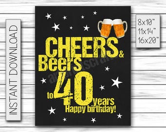 Cheers & Beers to 40 Years, Birthday Sign, Cheers and Beers Party Sign, Instant Download, Chalkboard Poster, Printable DIGITAL FILE Only