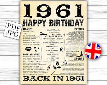 1961 newspaper, UK version birthday, what happened 1961, 1961 fun facts, facts from 1961, birthday newspaper, birthday sign, DIGITAL FILE