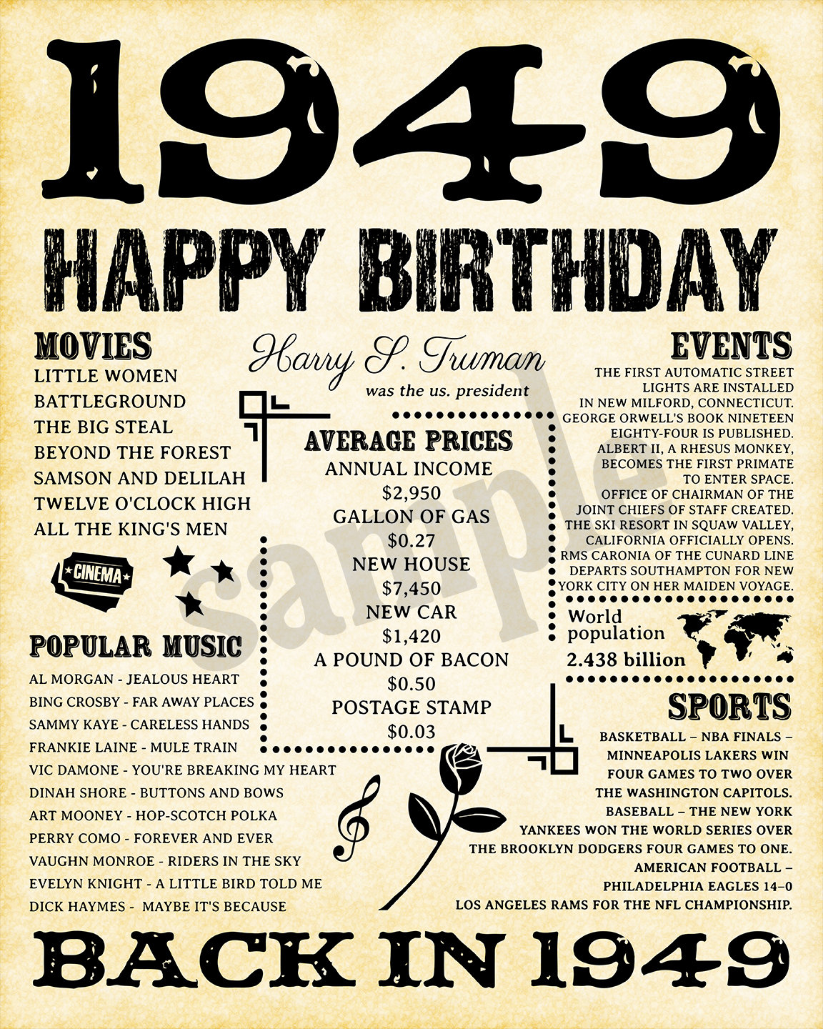 1949, Fun Facts 1949, Birthday Poster for Husband, Gift for Dad, Father