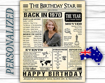 Personalized Birthday Poster, AUSTRALIA Version, 1970 Facts, Birthday, Custom Birthday, 1970 Birthday Decor, Digital JPG or PDF