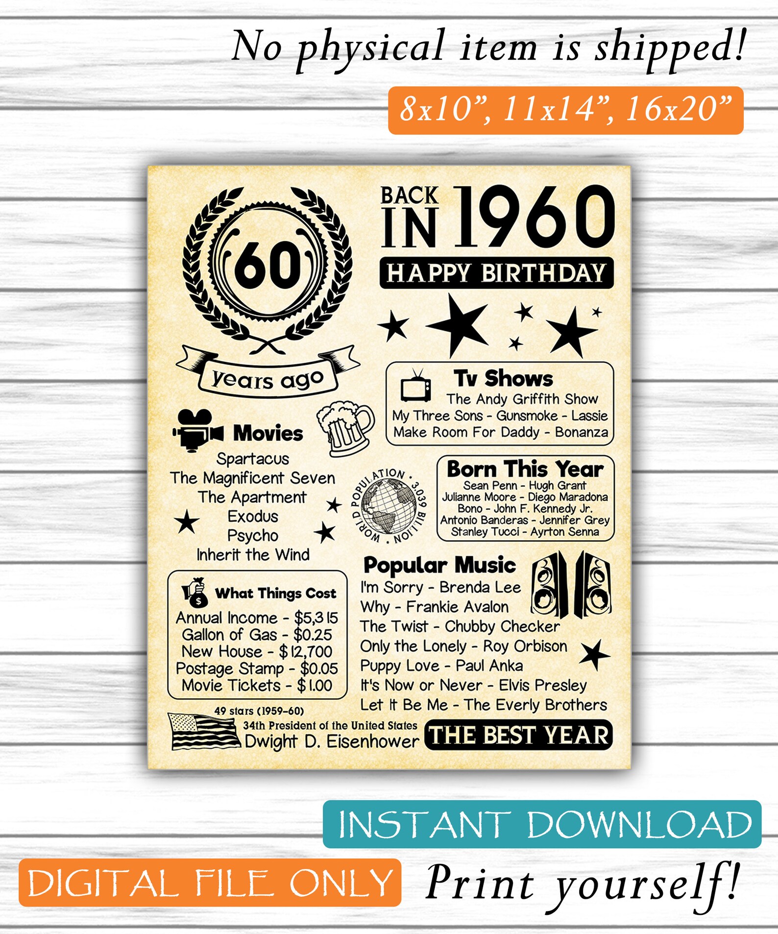 1960 Fun Facts 1960 60th Birthday for Husband Gift for | Etsy