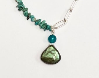 May include: A turquoise stone necklace with a silver chain and a green labradorite pendant. The necklace has a turquoise bead at the top and bottom.