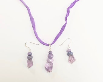 Lilac amethyst and lavender opal necklace and earrings set