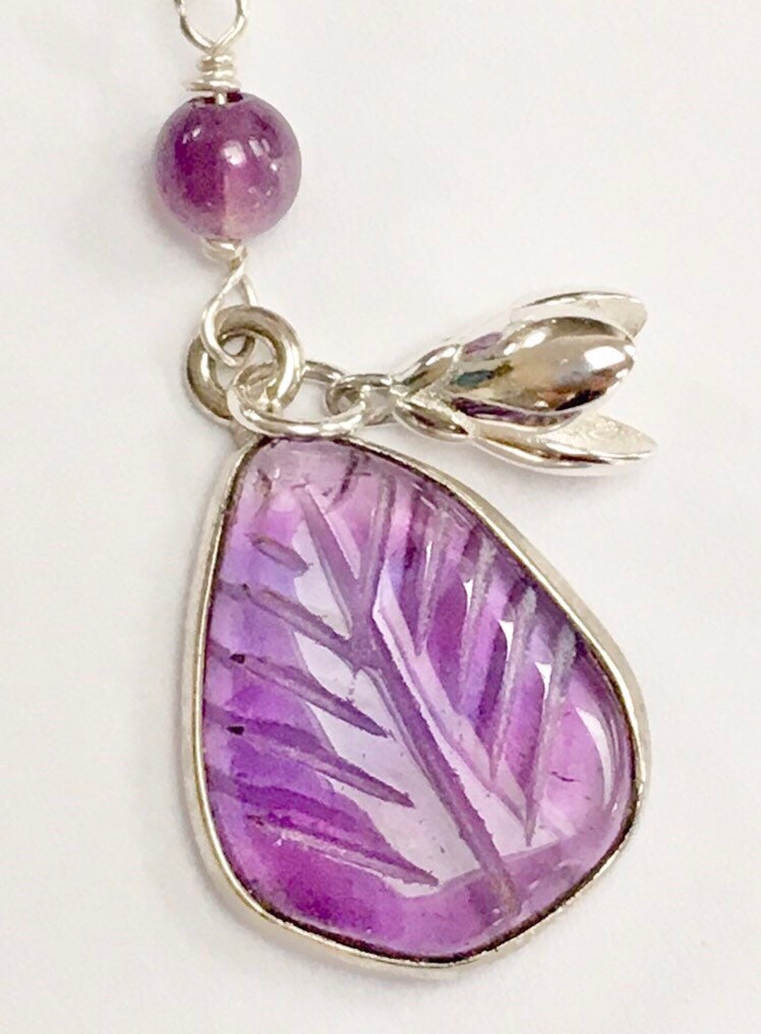 Carved Amethyst Leaf and Flower Pendant - Etsy