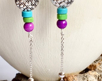 Long silver boho earrings