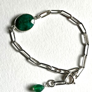 Emerald Bracelet: 925 Silver Clasp, Paper Clip Chain