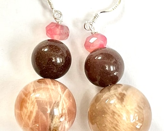 Peach moonstone and coffee agate earrings