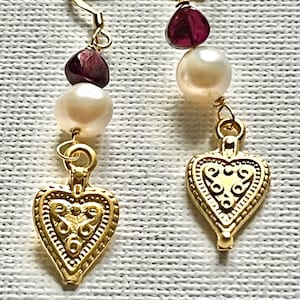 Garnet and pearl earrings with heart charm