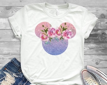 maglietta di Minnie Mouse, maglietta Disney da donna, t-shirt Disney, maglietta primaverile Disney, maglietta di Topolino, maglietta con orecchie di Topolino, maglietta floreale Disney