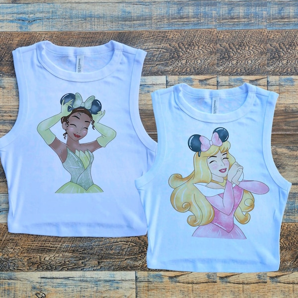Crop tanktop prinses, kindert-shirt prinses, Ariel baby-shirt dames, prinses en de kikker, Mulan Tiana, schattige klassieke prins,