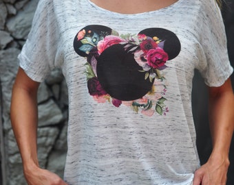 boat neck disney shirt, scoop neck disney shirt, wide neck disney shirt, flower bed disneyland shirt, womens disney shirt, botanical disney