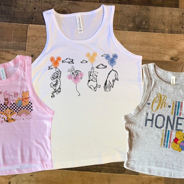 Eeyore Crop Top, Winnie The Pooh tank, Colorful Pooh Bear Fitted tank, Pooh Kids Shirt, Children’s Pooh Shirt, Bright Summer Pooh Tank Top