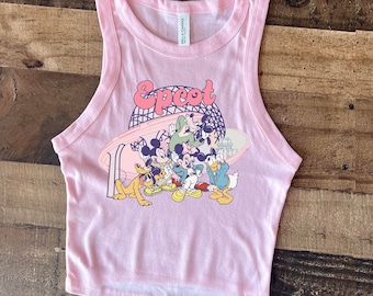 Retro Epcot Crop Tank, Disney Epcot Baby Tee, Spaceship Earth Pink Mickey Friends, Womens Cute Disney Crop Tee