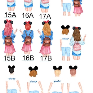 May include: A set of 10 digital illustrations of couples wearing Mickey Mouse ears and backpacks. The illustrations are in a cartoon style and feature different hair colours and clothing styles. The text "Disney" appears on some of the shirts.