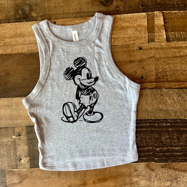 Grey Mickey Crop Tank, Mickey Mouse Tank Womens, Retro Black Mouse tshirt, Limited old school baby tee, Disney cute shirt