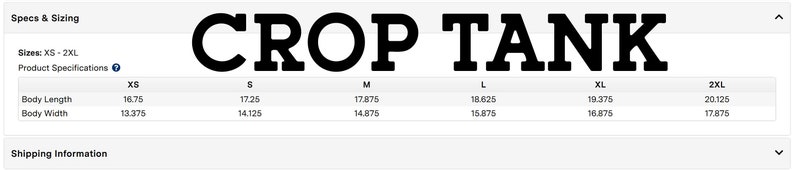 May include: Size chart for a crop tank top in sizes XS to 2XL. The chart shows the body length and body width in inches for each size.