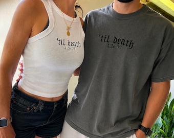 Till Death Dark Embroidery Crop Tank, Gothic Romance Bride, Do us part gift, Marriage Vintange Tattoo, y2k womens and mens, Unisex tshirt