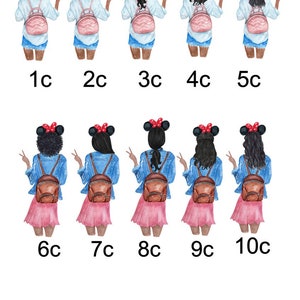 May include: Ten watercolour illustrations of women with brown hair wearing red and white mouse ears, a white shirt, a denim jacket, a pink or brown backpack, and a pink or blue skirt. The women are all facing forward and have their arms raised in a peace sign.