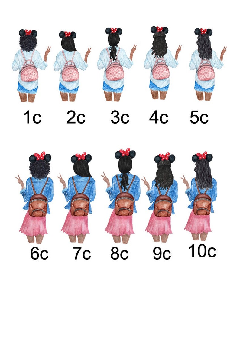May include: Ten watercolour illustrations of women with brown hair wearing red and white mouse ears, a white shirt, a denim jacket, a pink or brown backpack, and a pink or blue skirt. The women are all facing forward and have their arms raised in a peace sign.