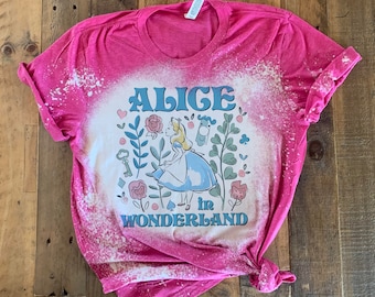 Alice Wonderland Shirt, Retro wildflowers, Cheshire Cat whismical Bleached, Fantasy Adventures disney shirt, White rabbit birthday