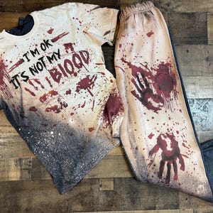 Set di magliette di Halloween insanguinate, Problema con la mano insanguinata risolto, Pantaloni della tuta spaventosi e divertenti, Set unisex per la notte dell'orrore di HHN, Maglietta spettrale