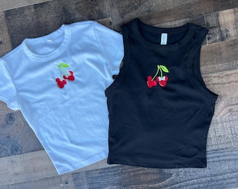 Cherry Mouse Embroidery Crop Tank, WDW Cherries Baby tee, Mickey Cherries Disneyland y2k womens and mens, WDW unisex tshirt