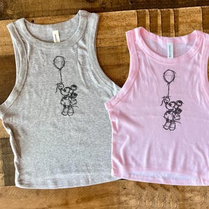 Minimalist Mickey Balloon Crop Tank, Disney Floating Balloon Baby Tee, Flying Mickey Pink shirt, Womens Cute Disney Crop Tee