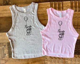 Minimalist Mickey Balloon Crop Tank, Disney Floating Balloon Baby Tee, Flying Mickey Pink shirt, Womens Cute Disney Crop Tee