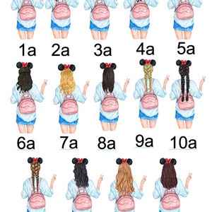 May include: A set of 14 digital illustrations of women with different hairstyles and outfits. Each woman is wearing a pink backpack and a pair of red mouse ears. The illustrations are numbered 1a through 14a.