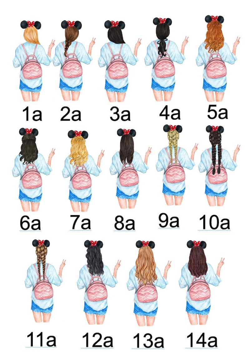 May include: A set of 14 digital illustrations of women with different hairstyles and outfits. Each woman is wearing a pink backpack and a pair of red mouse ears. The illustrations are numbered 1a through 14a.