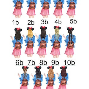 May include: A set of 14 digital illustrations of girls wearing denim jackets, pink skirts, and backpacks. Each girl has a different hairstyle and is wearing mouse ears. The illustrations are numbered 1b through 14b.