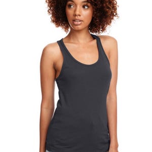 May include: A dark gray racerback tank top with a scoop neck. The tank top is made of a soft, comfortable fabric and has a relaxed fit.