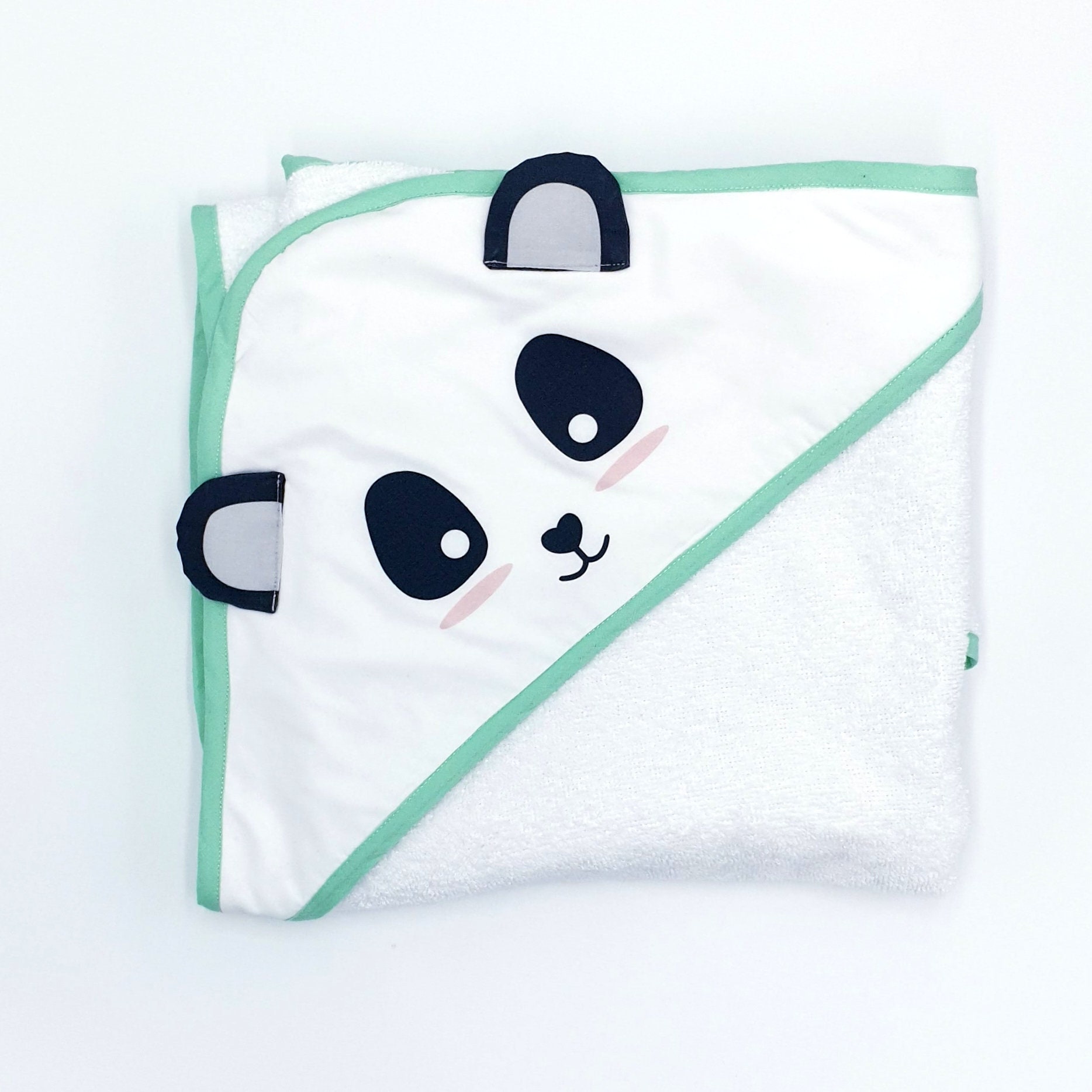 Cape de Bain Personnalisé Bébé, Panda, Gris, Rose ou Menthe et Blanc, Coton, Cadeau Naissance Pour L