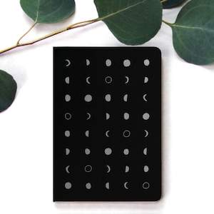 May include: A black notebook with a silver moon phases design. The notebook is surrounded by green eucalyptus leaves.