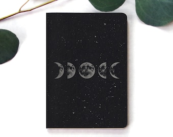 Moon Phase Notebook • Small Blank Notebook • Black Notebook • Silver Ink • Moon Journal • Pocket Notebooks