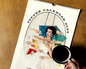 Coffee Calendar 2024 • Vintage Coffee Collage Calendar • Coffee Lover Calendar • Vintage Collage Art Calendar