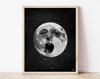 Sleepy Moon Art Print: Vintage Yawning Moon Collage, Space Decor