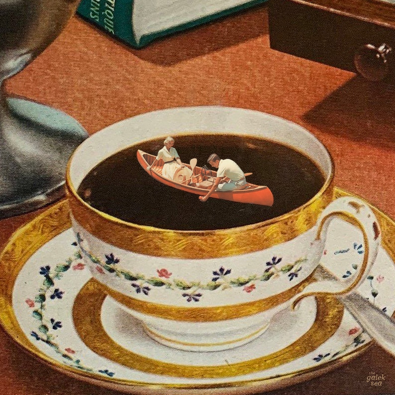 May include: A white teacup and saucer with a gold rim and floral pattern. The teacup is filled with dark liquid and a small red canoe with two figures inside is floating on top.