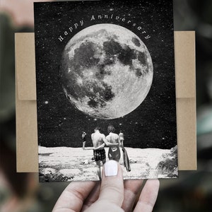 Happy Anniversary Couple & Moon Card • Vintage Beach • Blank Card - Etsy