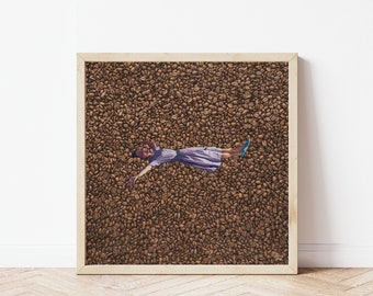 Vintage Coffee Art Print: Woman in Coffee Beans Collage (8x8)
