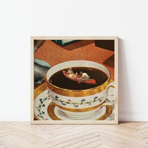 Vintage Coffee Art Print • Vintage Coffee Decor • Vintage Couple & Mug of Coffee Collage Art • Coffee Lover Gift • 8x8 Print