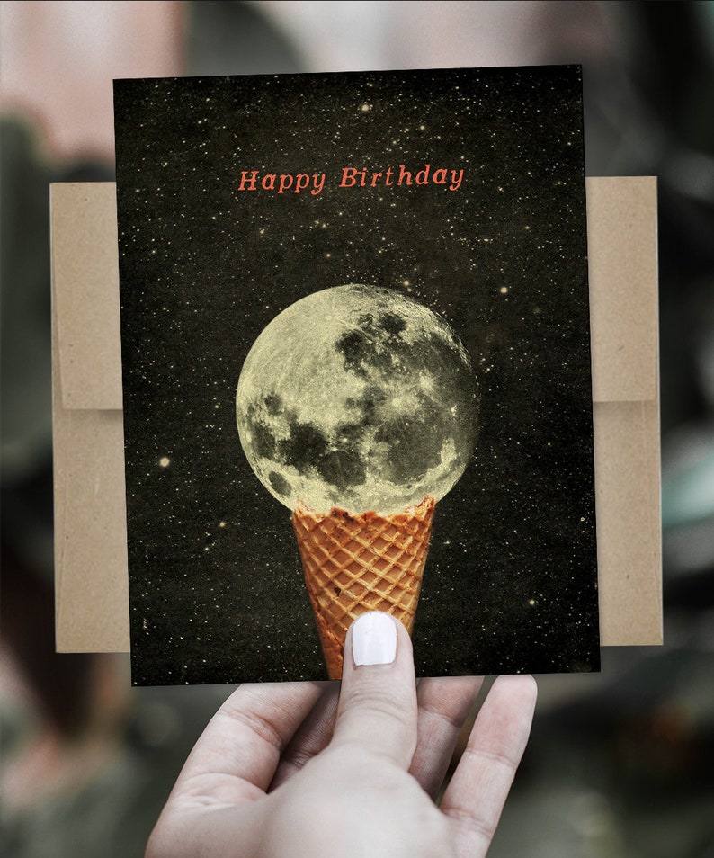 Moon Birthday Card Gift For Friend Ice Cream Cone Space Birthday Card image 2