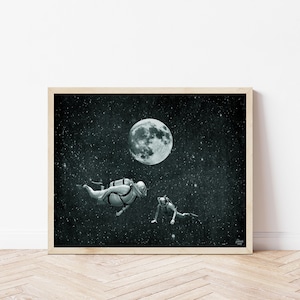 Scuba Divers & Moon Print • Vintage Nautical Artwork • Scuba Diving Decor • 8x10 Print